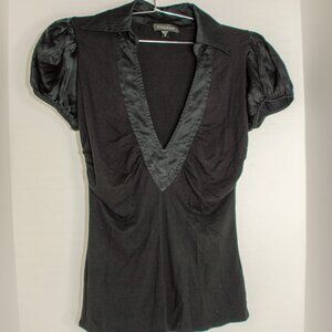 Black bebe V-neck top with a collar and short sleeves size small.